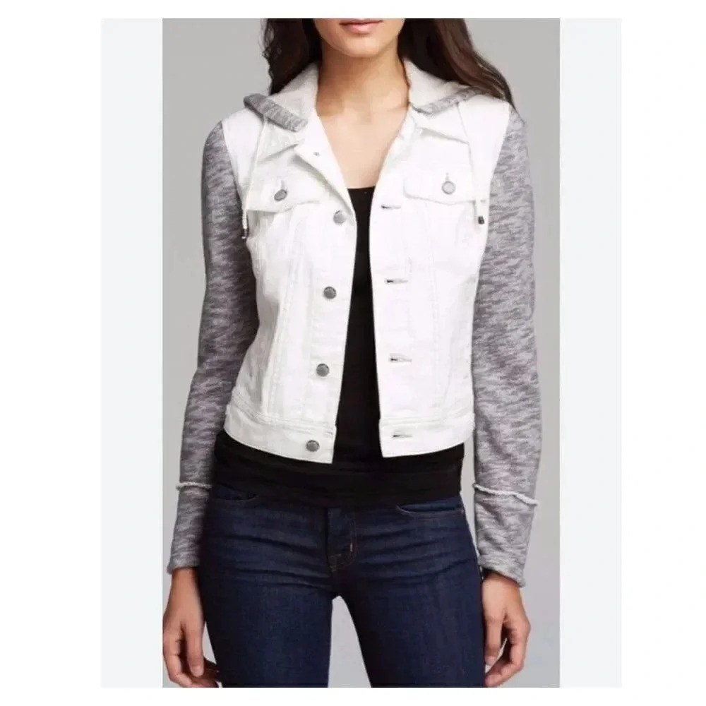 FREE PEOPLE | Knit Hooded Denim Jean‎ Jacket White Gray Mixed Distressed | Small